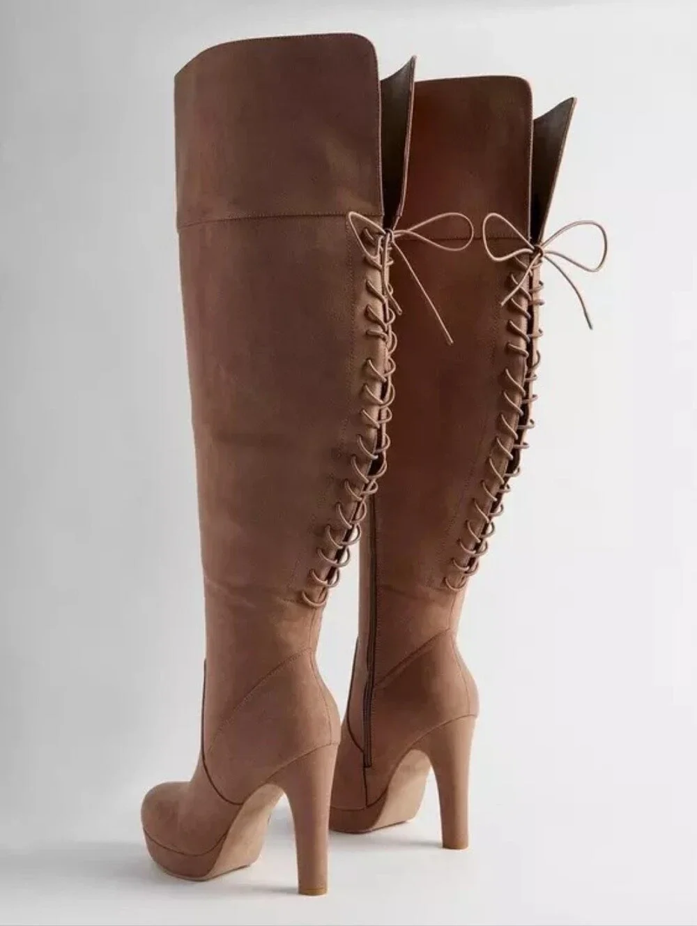 Women's EXTRA WIDE CALF Plus Size Over The Knee Lace-Up Platform Boots Tan Suede